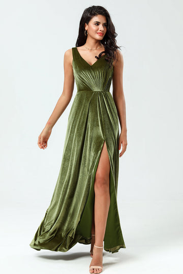 Olive A Line V-Neck Sleeveless Velvet Bridesmaid Dress with Slit